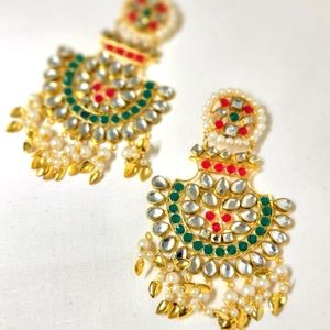 Indian Ethnic Pepal-Pattiya Long Earrings with Tikka, Set (3piece), Punj…